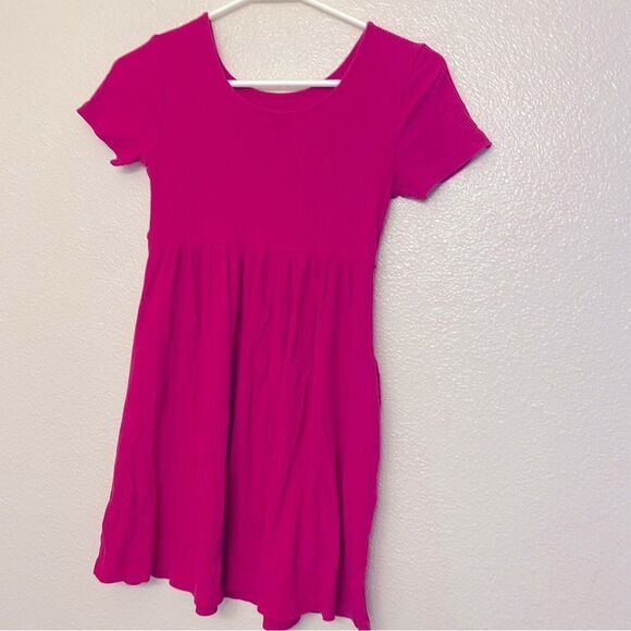 Old Navy hot pink Rib Knit Fit Flare Dress crew neck short sleeve size 10/12 - Picture 2 of 8